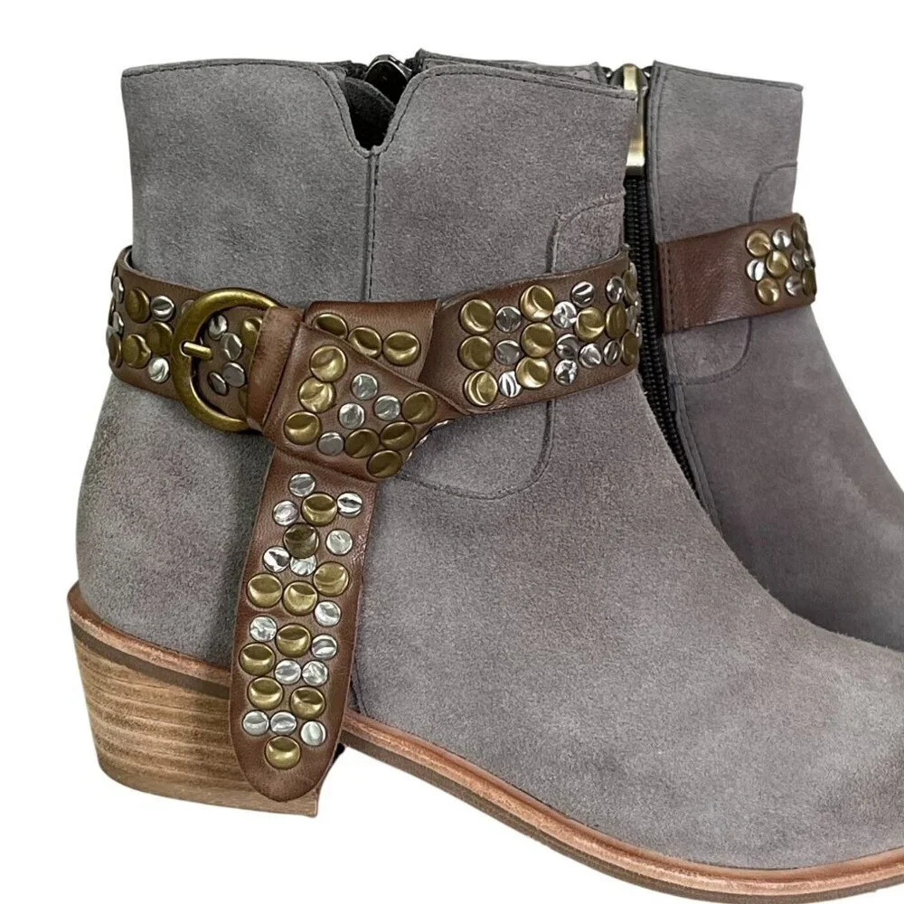 Antelope Gray Suede Western Ankle Boots Studded Harness EU 37 US 6-6.5